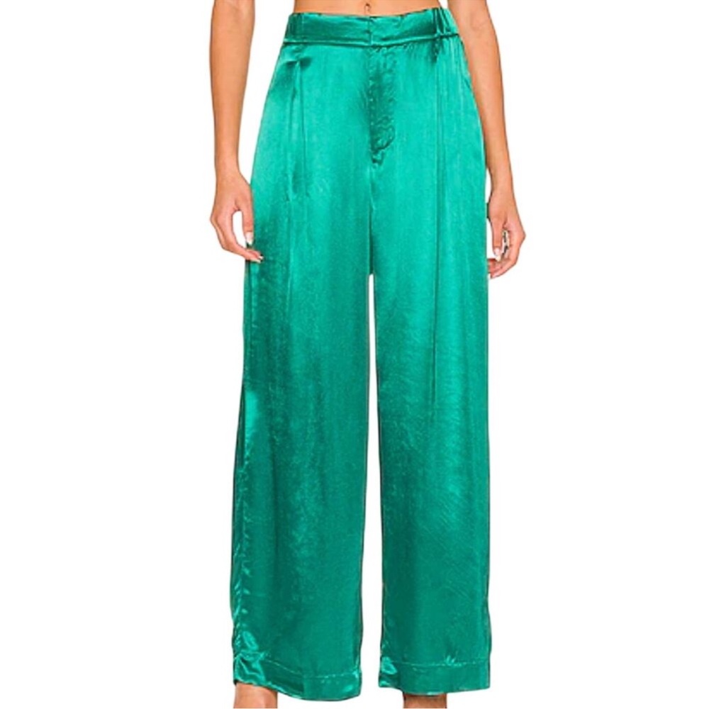 FREE PEOPLE Good Days Satin Straight Leg Trouser in Emerald Size Medium